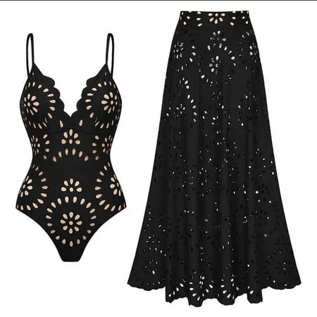 Mellin Swimsuit With Skirt In Black - flat-lay product shot of swimsuit and skirt - Miss Mosa By Akanksha