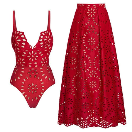 Mellin Swimsuit With Skirt In Red - flat-lay product shot of swimsuit - Miss Mosa By Akanksha