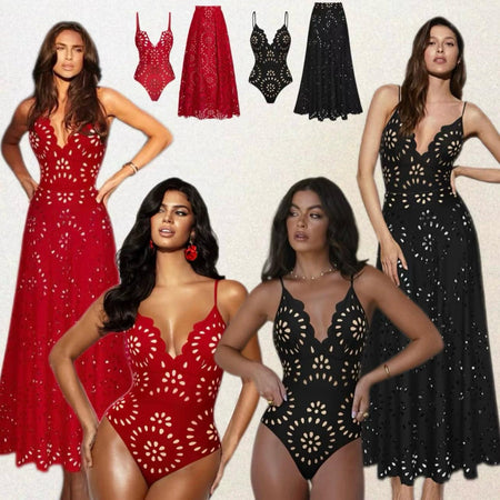 Mellin Swimsuit With Skirt In Red - flat-lay product shot of swimsuit - Miss Mosa By Akanksha