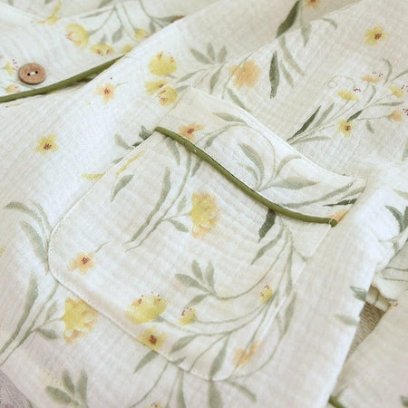 Melly Floral Cotton Nightsuits In Off-White - close-up of pocket, off-white - Miss Mosa By Akanksha