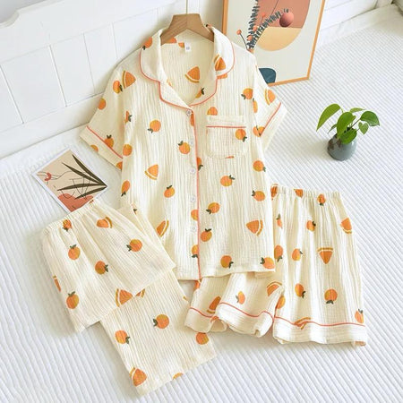 Melo Cotton Nightsuit- Set Of 3 In Beige - flat-lay product shot of pyjama set - Miss Mosa By Akanksha