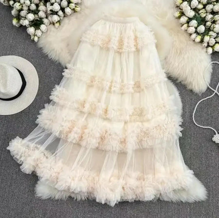 Melody Ruffled Mesh Skirt In Beige - flat-lay product shot of ruffled tiered skirt - Miss Mosa By Akanksha