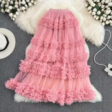 Melody Ruffled Mesh Skirt In Pink - flat-lay product shot of tiered ruffled mesh skirt - Miss Mosa By Akanksha