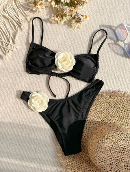 Meloe Rosette Summer Bikini In Black - flat-lay product shot of bikini set - Miss Mosa By Akanksha