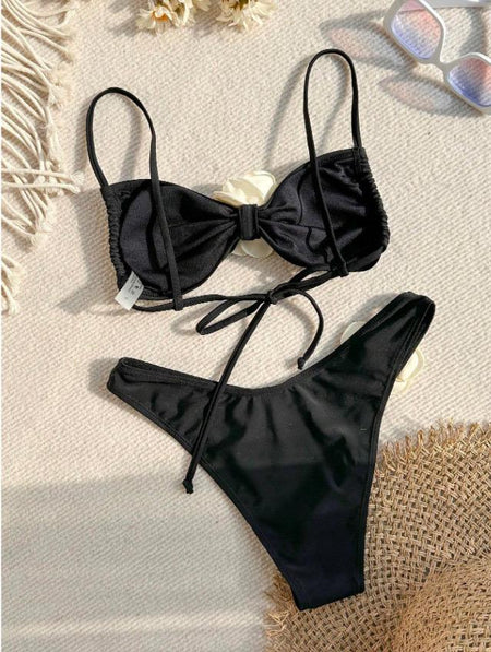 Meloe Rosette Summer Bikini In Black - flat-lay product shot of bikini set - Miss Mosa By Akanksha