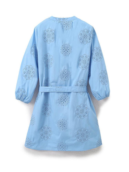 Melon Summer Eyelet Cotton Dress In Blue - back flat-lay product shot - Miss Mosa By Akanksha