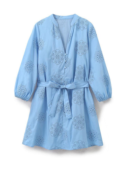 Melon Summer Eyelet Cotton Dress In Blue - front flat-lay product shot - Miss Mosa By Akanksha