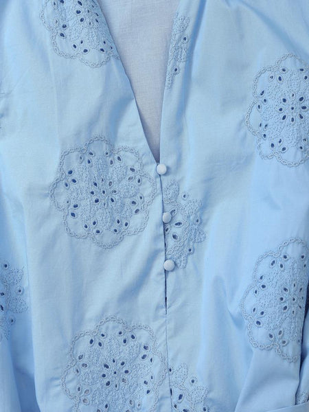 Melon Summer Eyelet Cotton Dress In Blue - close-up of eyelet embroidery and button placket detail - Miss Mosa By Akanksha