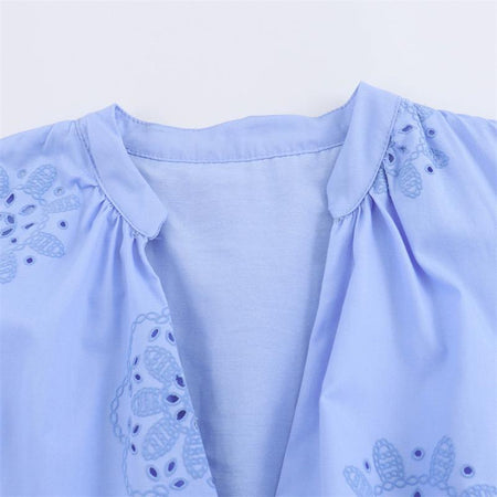 Melon Summer Eyelet Cotton Dress In Blue - close-up of collar and shoulder detail - Miss Mosa By Akanksha