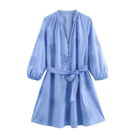 Melon Summer Eyelet Cotton Dress In Blue - front flat-lay product shot - Miss Mosa By Akanksha