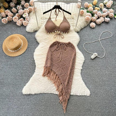 Melsa Crochet Coord Set - styled flat-lay shot, brown - Miss Mosa By Akanksha