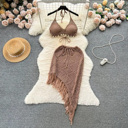 Melsa Crochet Coord Set - styled flat-lay shot, brown - Miss Mosa By Akanksha