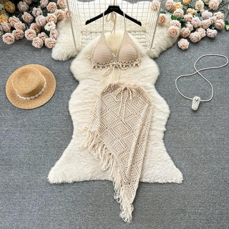 Melsa Crochet Coord Set - styled flat-lay shot, beige - Miss Mosa By Akanksha