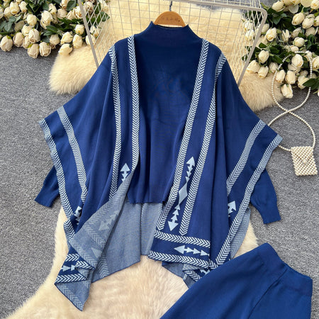 Melvin Luxe Winter Coord Set With Cape - flat-lay product shot on hanger, navy blue - Miss Mosa By Akanksha