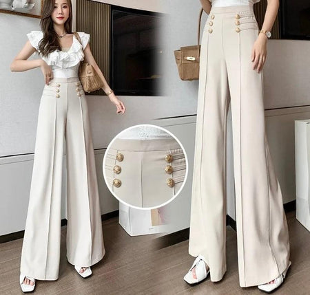 Meraki Wide Leg High Waist Pants - front shot on model, beige - Miss Mosa By Akanksha