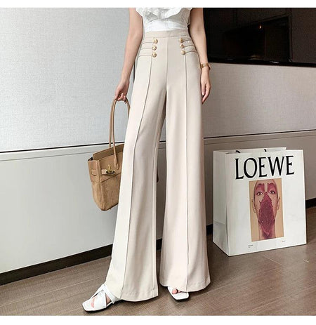 Meraki Wide Leg High Waist Pants - front shot on model, beige - Miss Mosa By Akanksha