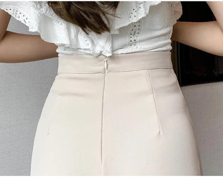 Meraki Wide Leg High Waist Pants - close-up of waist buttons and back zip, beige - Miss Mosa By Akanksha