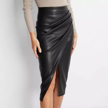 Meredith Statement Leather Midi Skirt - front shot on model close-up, black - Miss Mosa By Akanksha