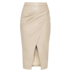 Meredith Statement Leather Midi Skirt - front shot on mannequin, beige - Miss Mosa By Akanksha