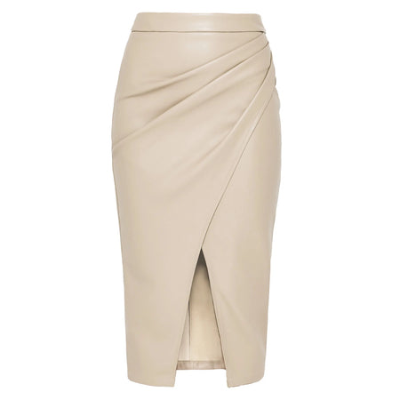 Meredith Statement Leather Midi Skirt - front shot on mannequin, beige - Miss Mosa By Akanksha