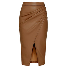 Meredith Statement Leather Midi Skirt - front shot on mannequin, tan - Miss Mosa By Akanksha