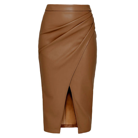 Meredith Statement Leather Midi Skirt - front shot on mannequin, tan - Miss Mosa By Akanksha