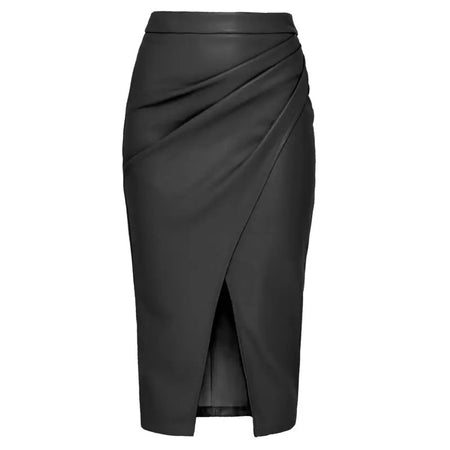 Meredith Statement Leather Midi Skirt - front shot on mannequin, black - Miss Mosa By Akanksha