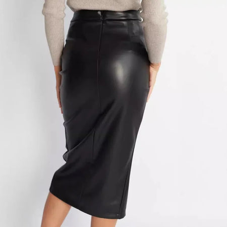 Meredith Statement Leather Midi Skirt - back shot on model close-up, black - Miss Mosa By Akanksha