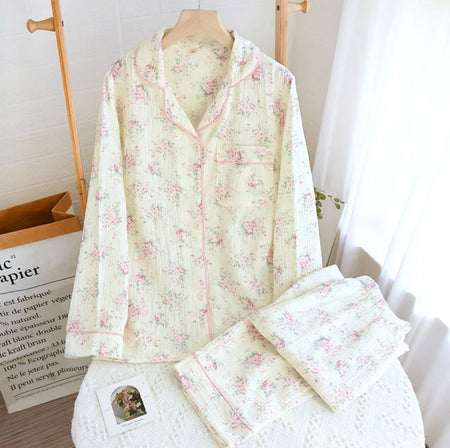 Meria Floral Cotton Nightsuit In Off-White - flat-lay product shot of the floral cotton nightsuit on hanger - Miss Mosa By Akanksha