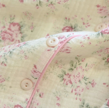 Meria Floral Cotton Nightsuit In Off-White - close-up of the buttons and pink piping detail - Miss Mosa By Akanksha