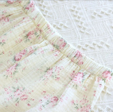 Meria Floral Cotton Nightsuit In Off-White - close-up of the ruffled waistband detail - Miss Mosa By Akanksha