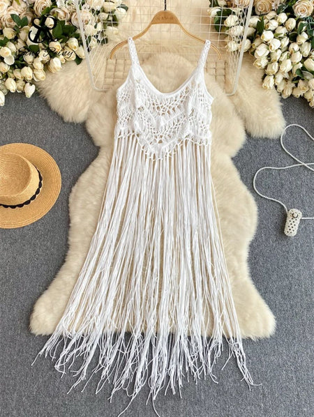 Merida Tassel Detailed Coverup - flat-lay shot on hanger, white - Miss Mosa By Akanksha