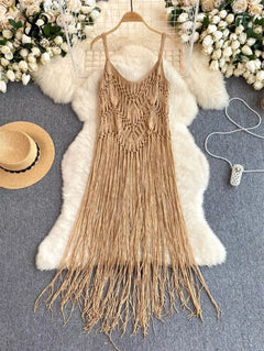 Merida Tassel Detailed Coverup - flat-lay shot on hanger, beige - Miss Mosa By Akanksha