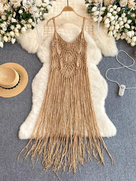 Merida Tassel Detailed Coverup - flat-lay shot on hanger, beige - Miss Mosa By Akanksha