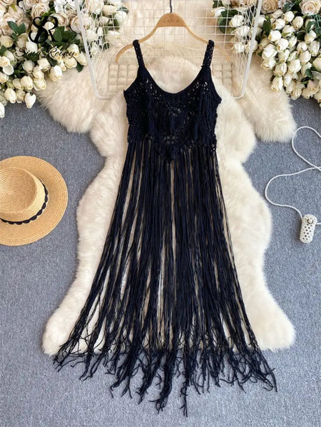 Merida Tassel Detailed Coverup - flat-lay shot on hanger, navy - Miss Mosa By Akanksha