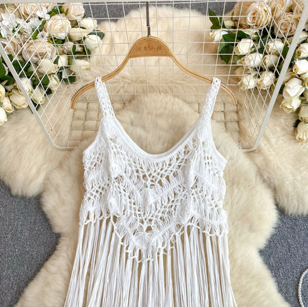 Merida Tassel Detailed Coverup - close-up of crochet bodice on hanger, white - Miss Mosa By Akanksha