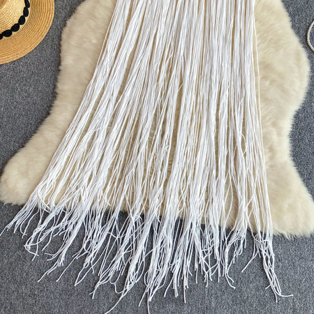 Merida Tassel Detailed Coverup - close-up of fringe hem, white - Miss Mosa By Akanksha