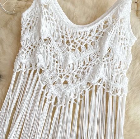 Merida Tassel Detailed Coverup - flat-lay close-up of crochet detail, white - Miss Mosa By Akanksha