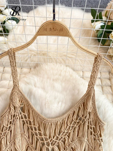 Merida Tassel Detailed Coverup - close-up of straps on hanger, beige - Miss Mosa By Akanksha