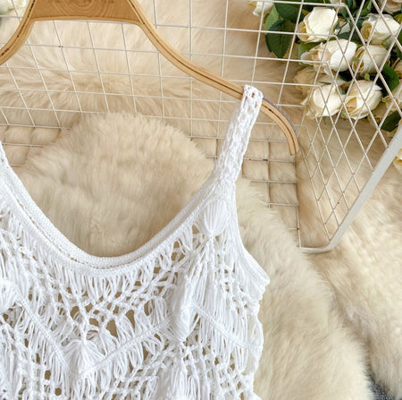 Merida Tassel Detailed Coverup - close-up of straps on hanger, white - Miss Mosa By Akanksha
