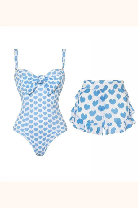 Mertha Heart Swimsuit With Short In Blue - flat-lay product shot of swimsuit and shorts - Miss Mosa By Akanksha