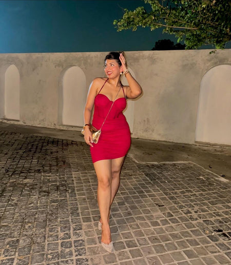 Merwin Corset Bodycon Dress in Maroon - full-length shot on model, red - Miss Mosa By Akanksha