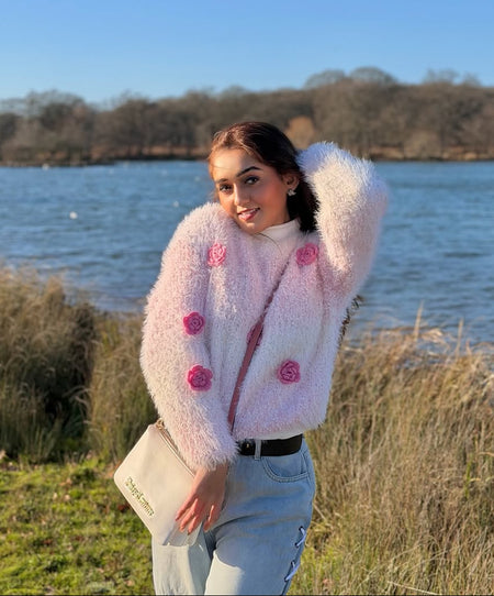Meryl Floral Sweater - front shot on model, pink - Miss Mosa By Akanksha