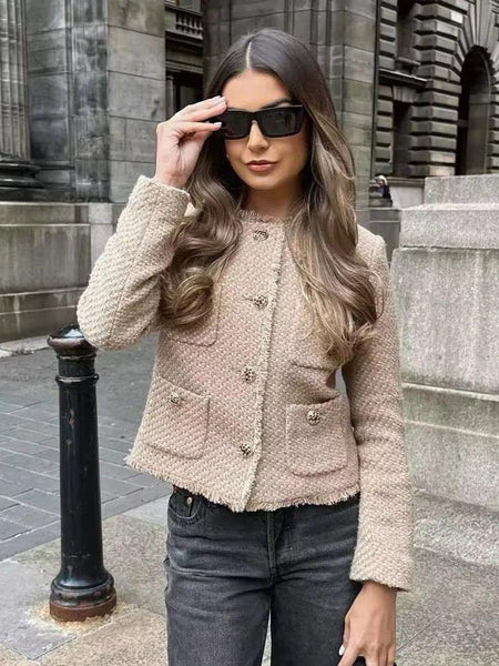 Meryl Tweed Cropped Blazer In Brown - front shot on model, beige - Miss Mosa By Akanksha