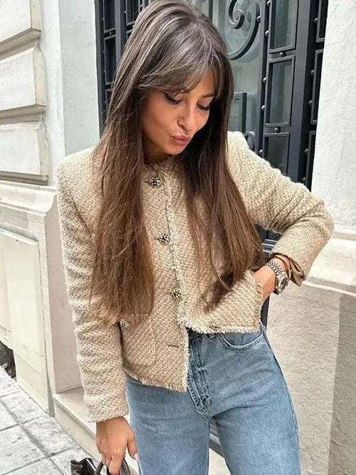 Meryl Tweed Cropped Blazer In Brown