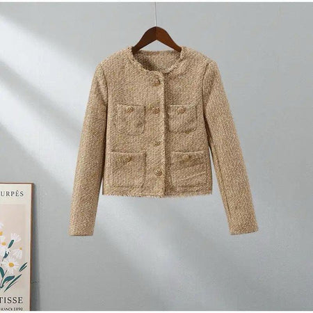 Meryl Tweed Cropped Blazer In Brown - front shot on hanger, beige - Miss Mosa By Akanksha