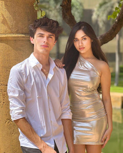 Metallic One Shoulder Party Dress - lifestyle shot on model, champagne - Miss Mosa By Akanksha