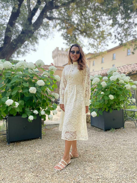 Mexicano Luxury Lace Dress In Beige - full-length shot on model, cream - Miss Mosa By Akanksha
