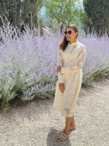 Mexicano Luxury Lace Dress In Beige - full-length shot on model, cream - Miss Mosa By Akanksha