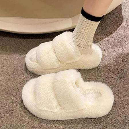 Mia Cute Fuzzy Slippers in Off White - front shot of slippers worn - Miss Mosa By Akanksha
